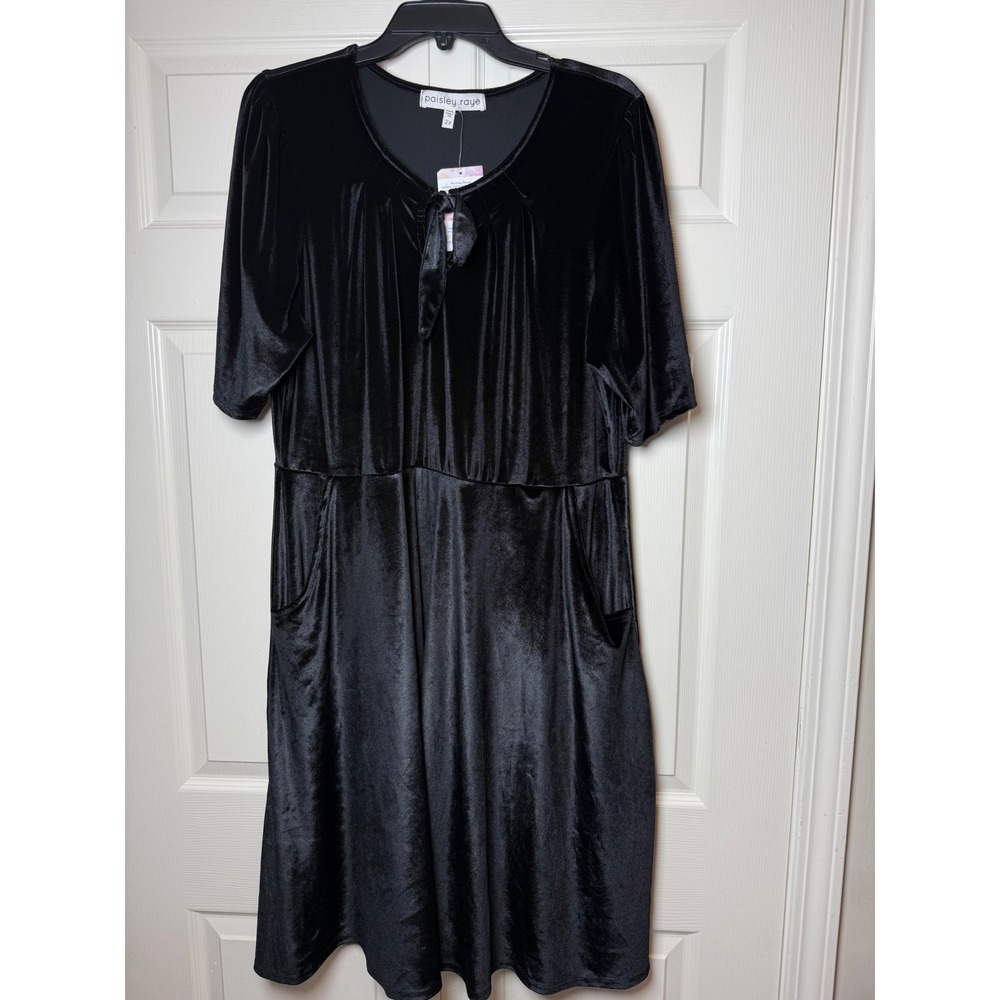 Paisley Raye black velvet short-sleeve dress with a tie-front‎ detail